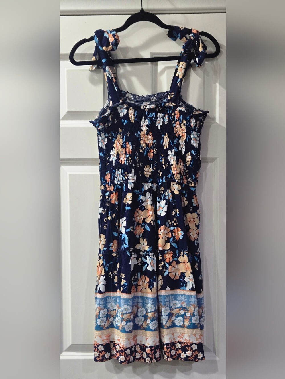Navy Floral Smocked Tie-Shoulder Sundress